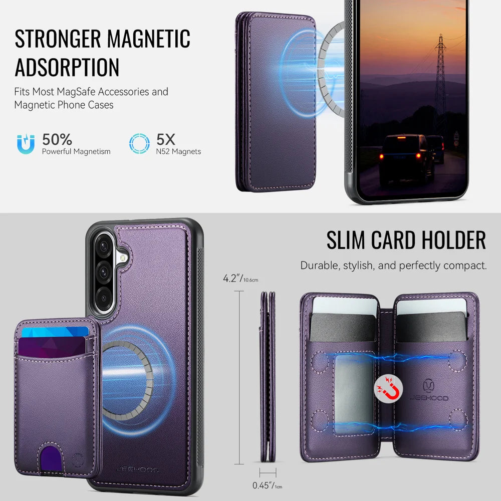 JEEHOOD For Samsung Galaxy A56 5G Magnetic Case  J10 Leather Back Phone Cover with Detachable Card Holder Kickstand - Purple - 6