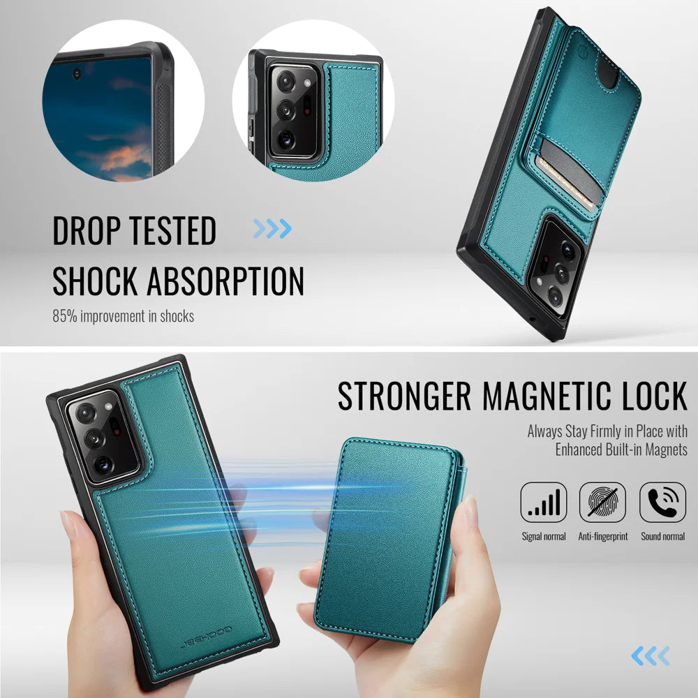 JEEHOOD For Samsung Galaxy Note20 Ultra Magnetic Case  J10 Leather Back Phone Cover with Detachable Card Holder Kickstand - Blue - 3