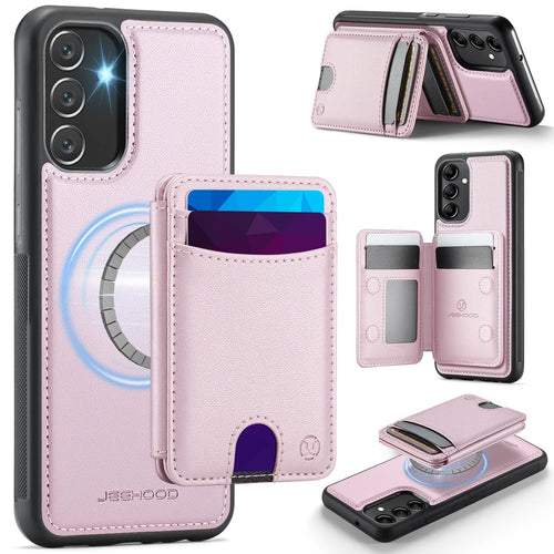 JEEHOOD For Samsung Galaxy A34 5G Magnetic Case  J10 Leather Back Phone Cover with Detachable Card Holder Kickstand - Pink - 1