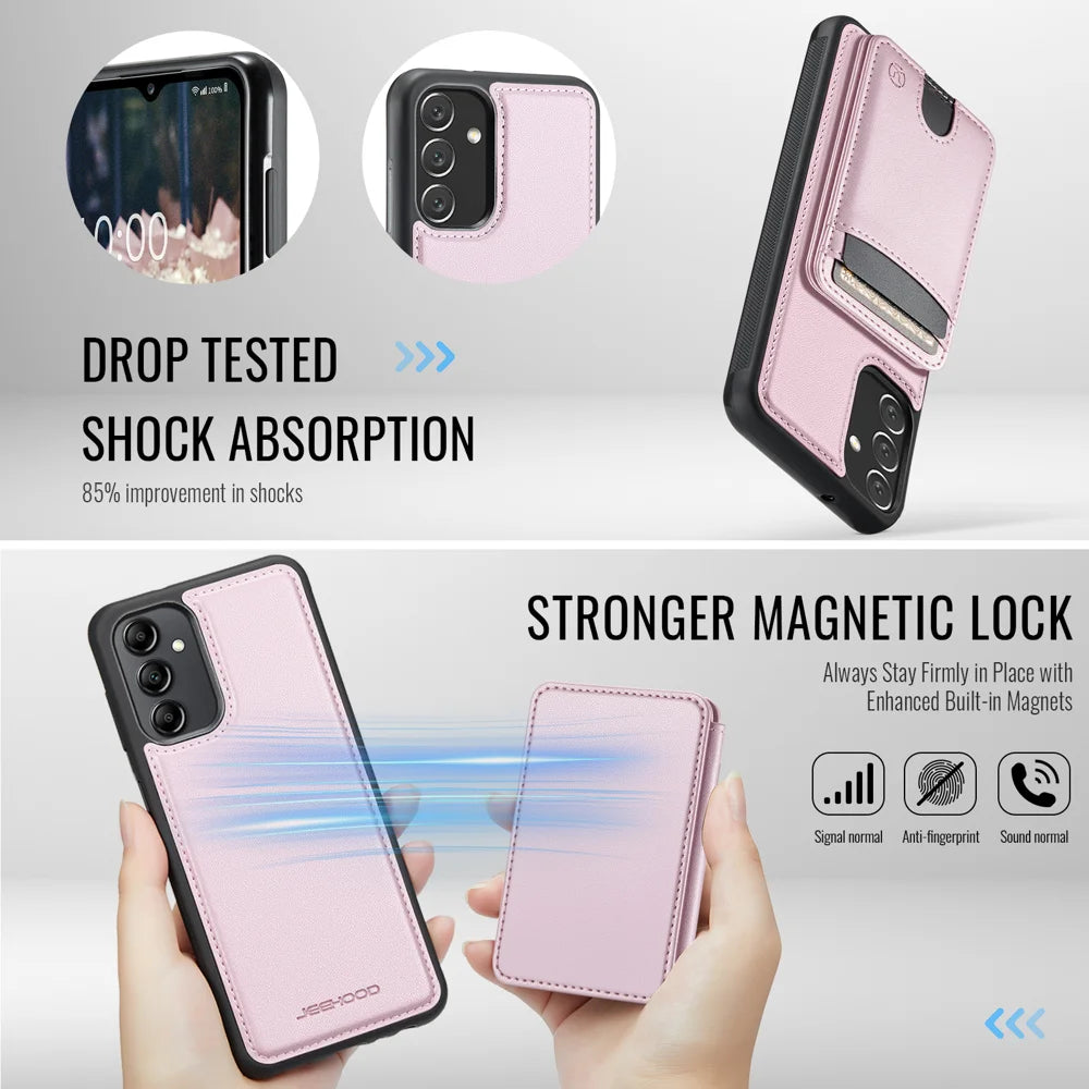 JEEHOOD For Samsung Galaxy A34 5G Magnetic Case  J10 Leather Back Phone Cover with Detachable Card Holder Kickstand - Pink - 3
