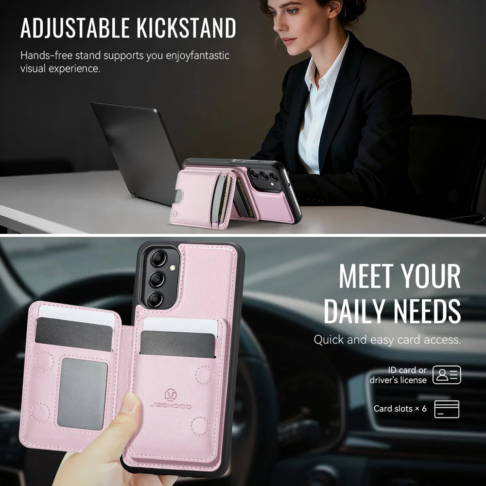 JEEHOOD For Samsung Galaxy A34 5G Magnetic Case  J10 Leather Back Phone Cover with Detachable Card Holder Kickstand - Pink - 4