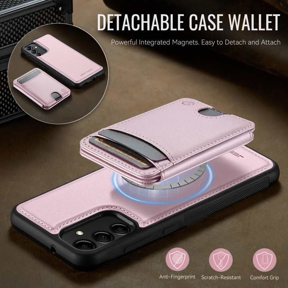 JEEHOOD For Samsung Galaxy A34 5G Magnetic Case  J10 Leather Back Phone Cover with Detachable Card Holder Kickstand - Pink - 7