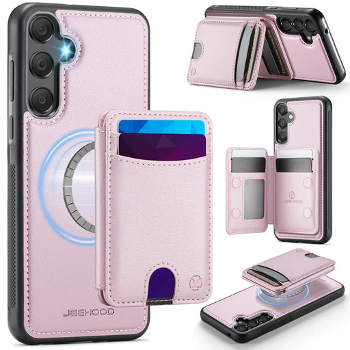 JEEHOOD For Samsung Galaxy A35 5G Magnetic Case  J10 Leather Back Phone Cover with Detachable Card Holder Kickstand - Pink - 1