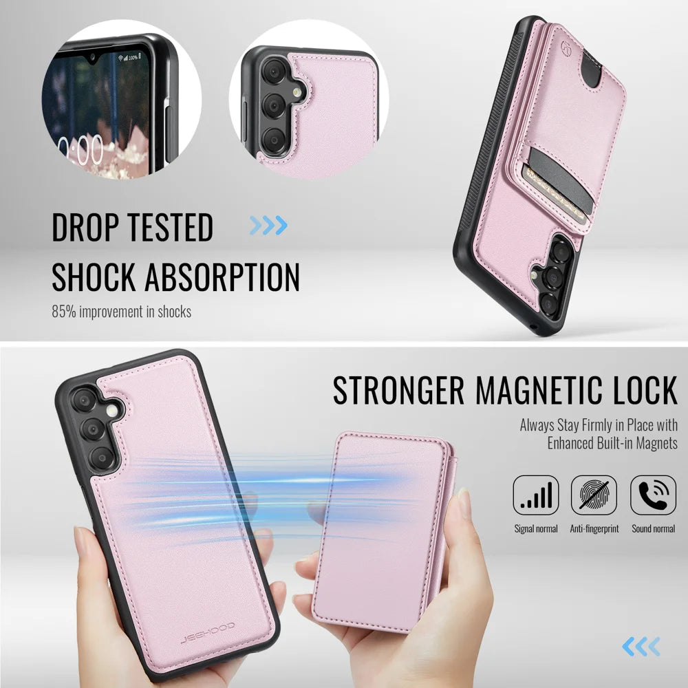 JEEHOOD For Samsung Galaxy A35 5G Magnetic Case  J10 Leather Back Phone Cover with Detachable Card Holder Kickstand - Pink - 3