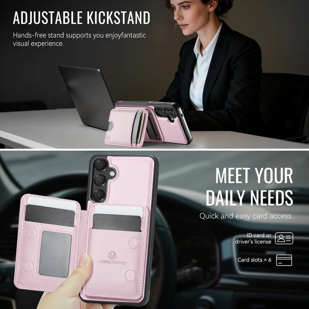 JEEHOOD For Samsung Galaxy A35 5G Magnetic Case  J10 Leather Back Phone Cover with Detachable Card Holder Kickstand - Pink - 4
