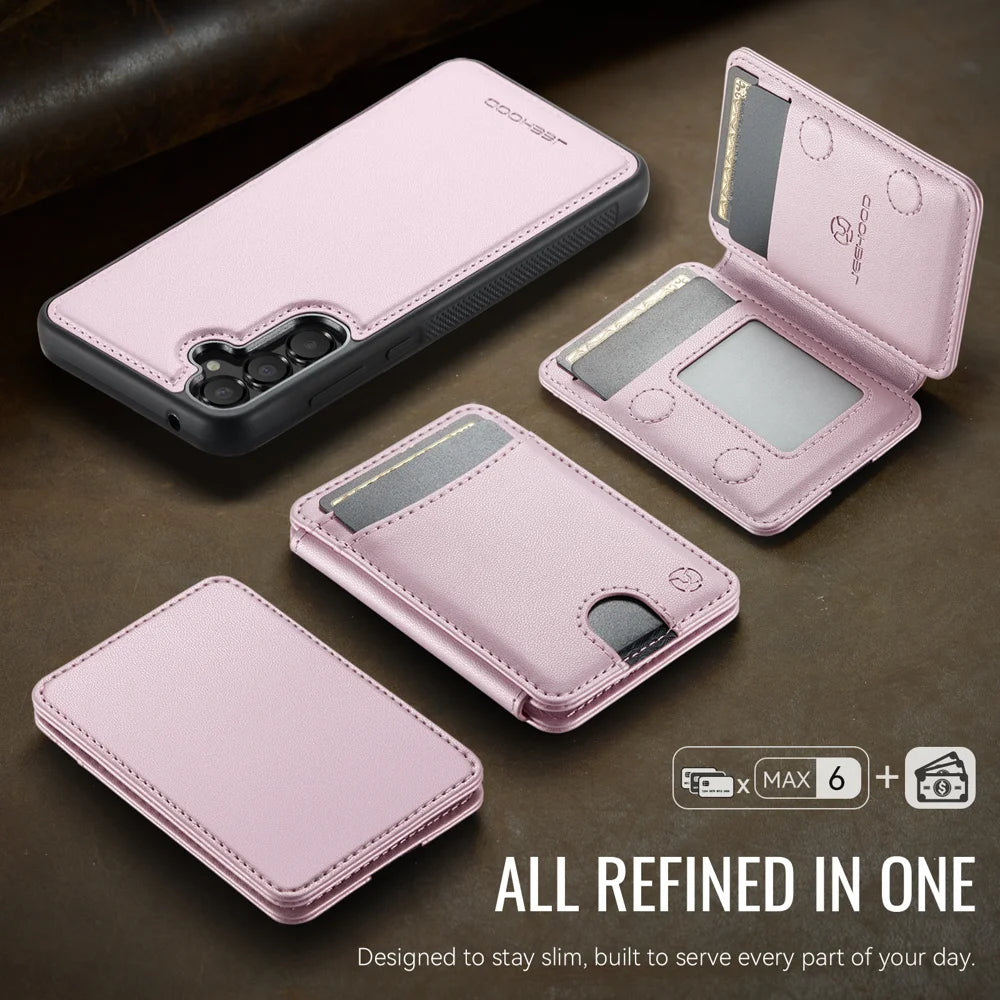 JEEHOOD For Samsung Galaxy A35 5G Magnetic Case  J10 Leather Back Phone Cover with Detachable Card Holder Kickstand - Pink - 5