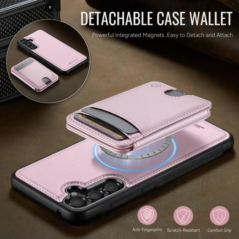 JEEHOOD For Samsung Galaxy A35 5G Magnetic Case  J10 Leather Back Phone Cover with Detachable Card Holder Kickstand - Pink - 7