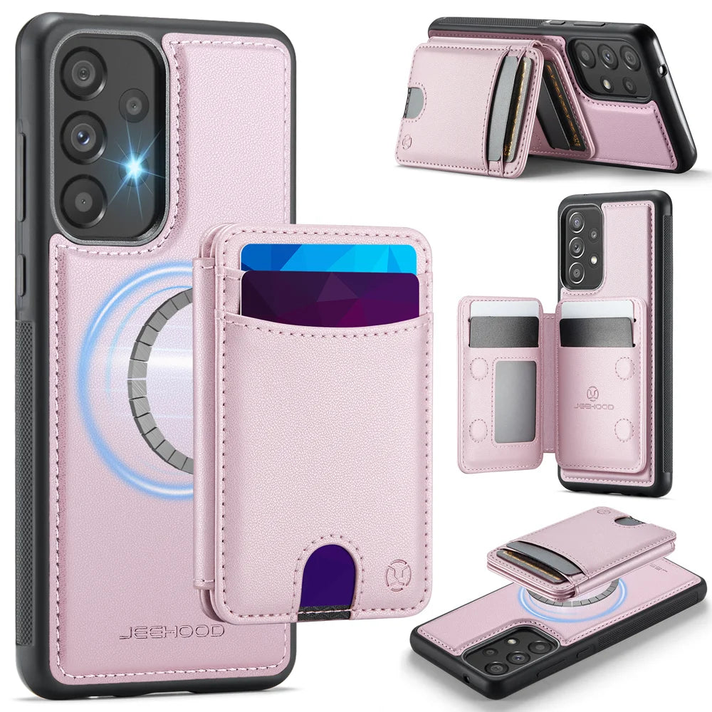 JEEHOOD For Samsung Galaxy A33 5G Magnetic Case  J10 Leather Back Phone Cover with Detachable Card Holder Kickstand - Pink - 1