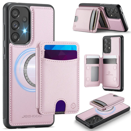 JEEHOOD For Samsung Galaxy A33 5G Magnetic Case  J10 Leather Back Phone Cover with Detachable Card Holder Kickstand - Pink - 1