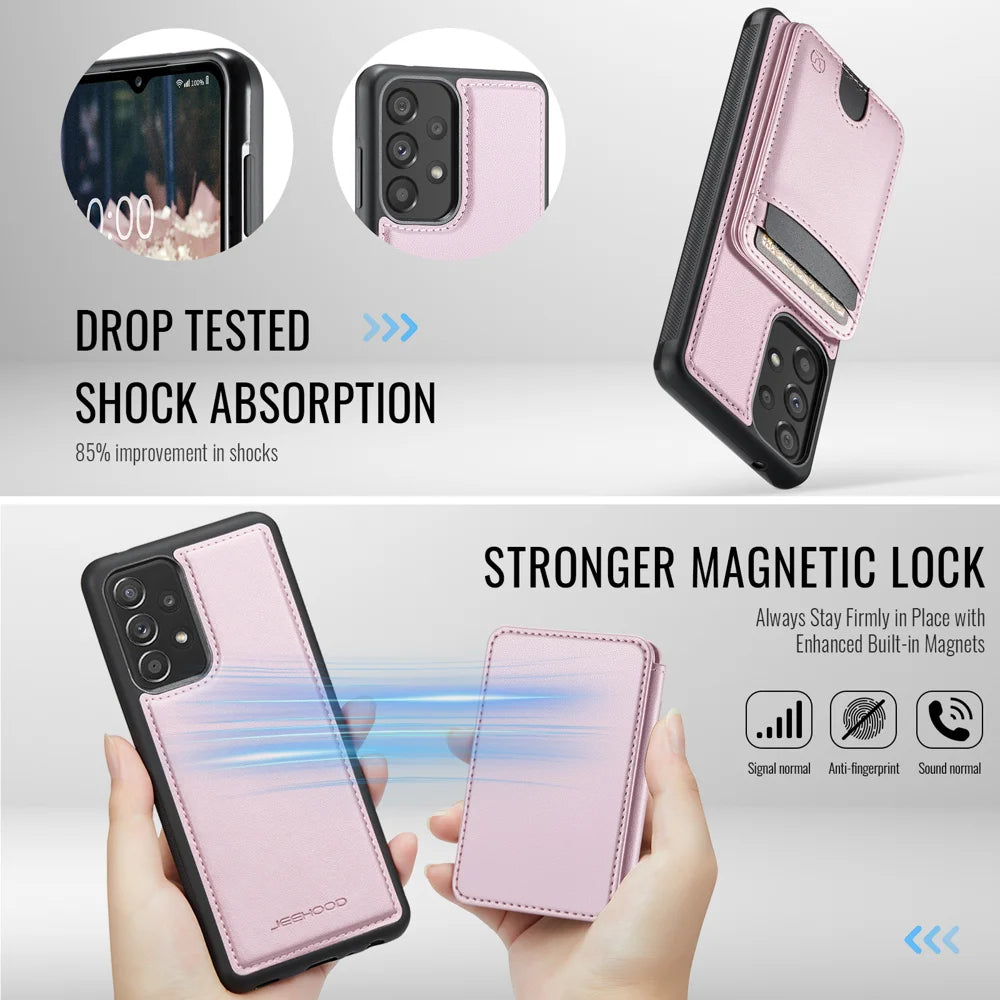 JEEHOOD For Samsung Galaxy A33 5G Magnetic Case  J10 Leather Back Phone Cover with Detachable Card Holder Kickstand - Pink - 3