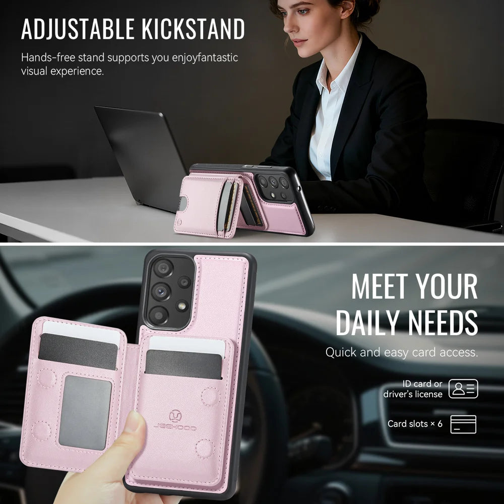 JEEHOOD For Samsung Galaxy A33 5G Magnetic Case  J10 Leather Back Phone Cover with Detachable Card Holder Kickstand - Pink - 4