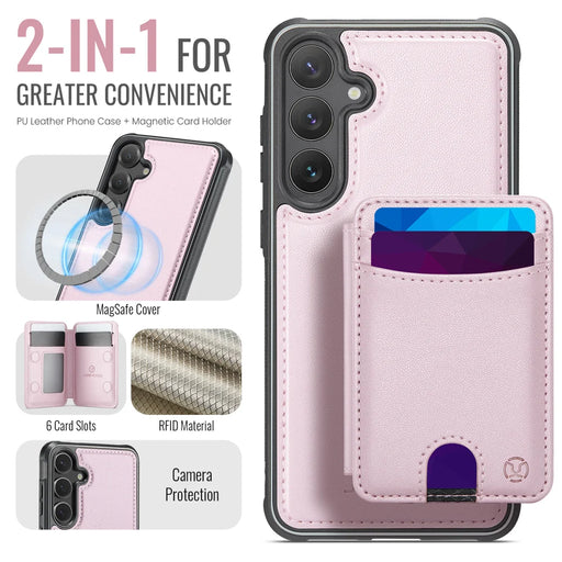 JEEHOOD For Samsung Galaxy S25 Magnetic Case  J10 Leather Back Phone Cover with Detachable Card Holder Kickstand - Pink - 2