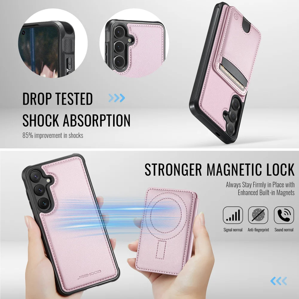 JEEHOOD For Samsung Galaxy S25 Magnetic Case  J10 Leather Back Phone Cover with Detachable Card Holder Kickstand - Pink - 3