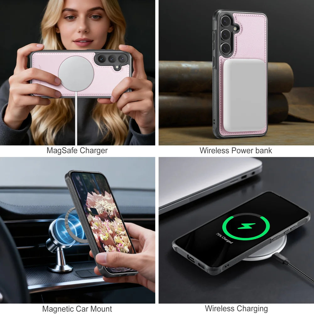 JEEHOOD For Samsung Galaxy S25 Magnetic Case  J10 Leather Back Phone Cover with Detachable Card Holder Kickstand - Pink - 7