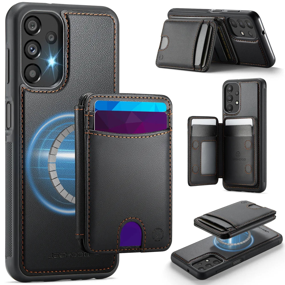 JEEHOOD For Samsung Galaxy A13 4G / Galaxy A13 5G Magnetic Case  J10 Leather Back Phone Cover with Detachable Card Holder Kickstand - Black - 1