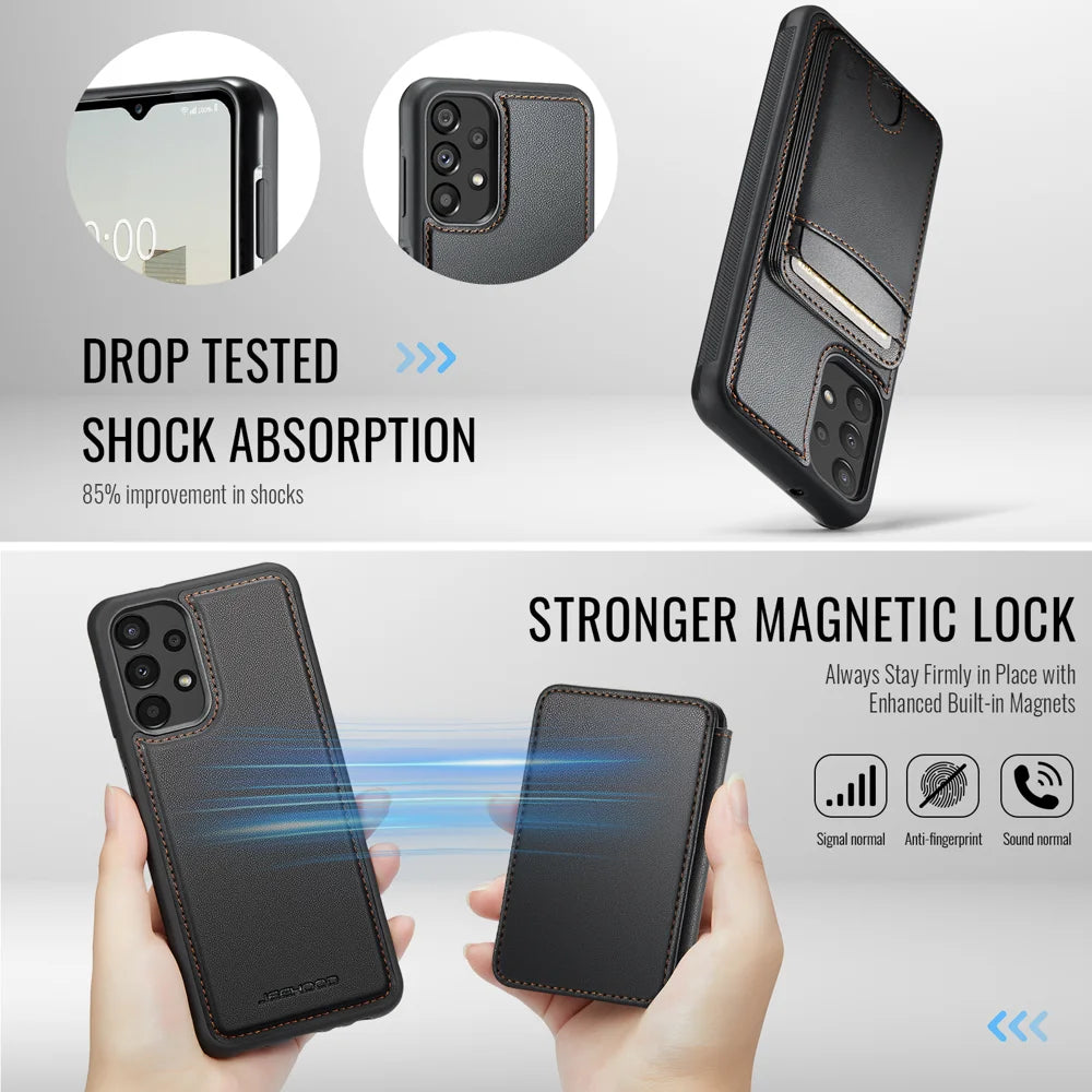 JEEHOOD For Samsung Galaxy A13 4G / Galaxy A13 5G Magnetic Case  J10 Leather Back Phone Cover with Detachable Card Holder Kickstand - Black - 3