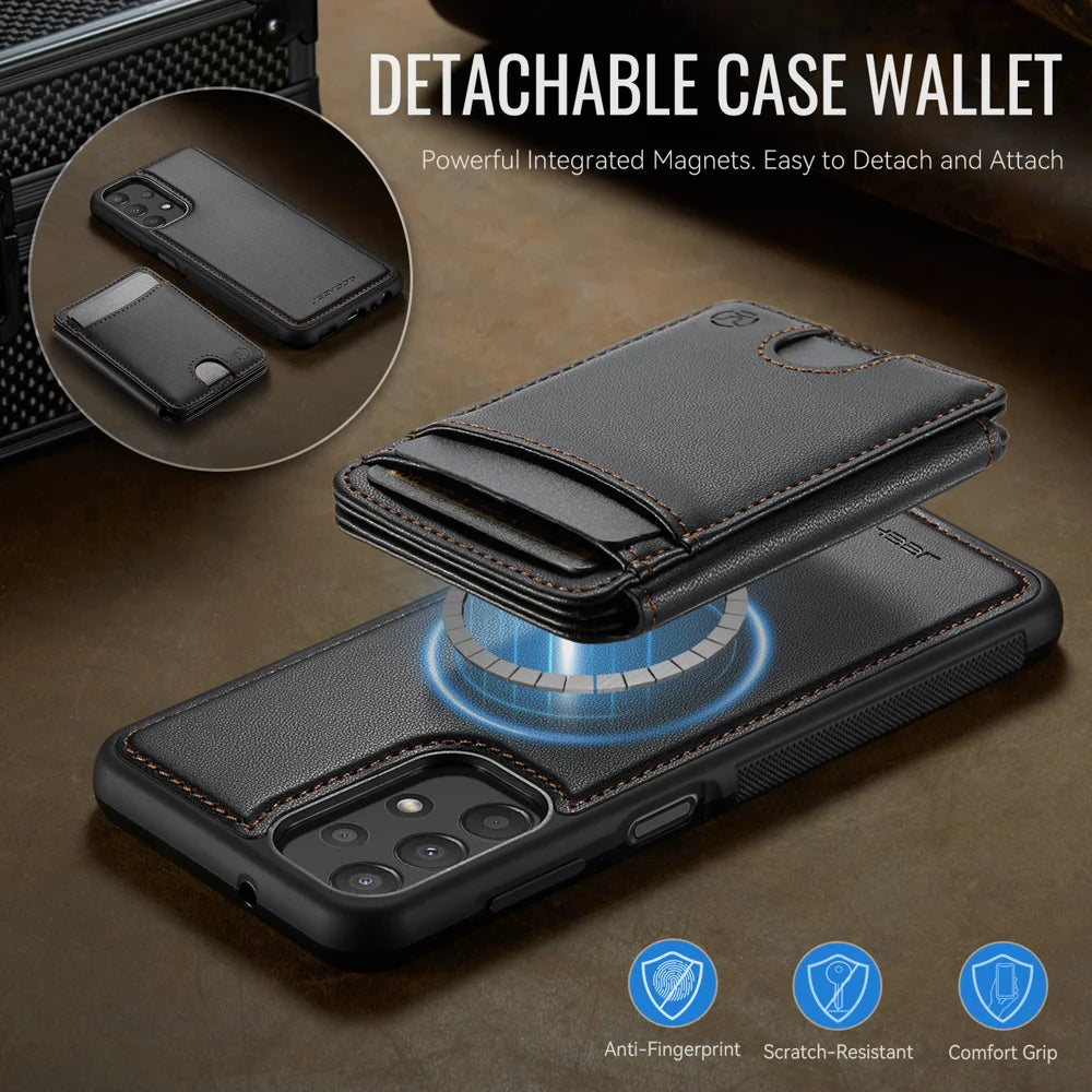 JEEHOOD For Samsung Galaxy A13 4G / Galaxy A13 5G Magnetic Case  J10 Leather Back Phone Cover with Detachable Card Holder Kickstand - Black - 7