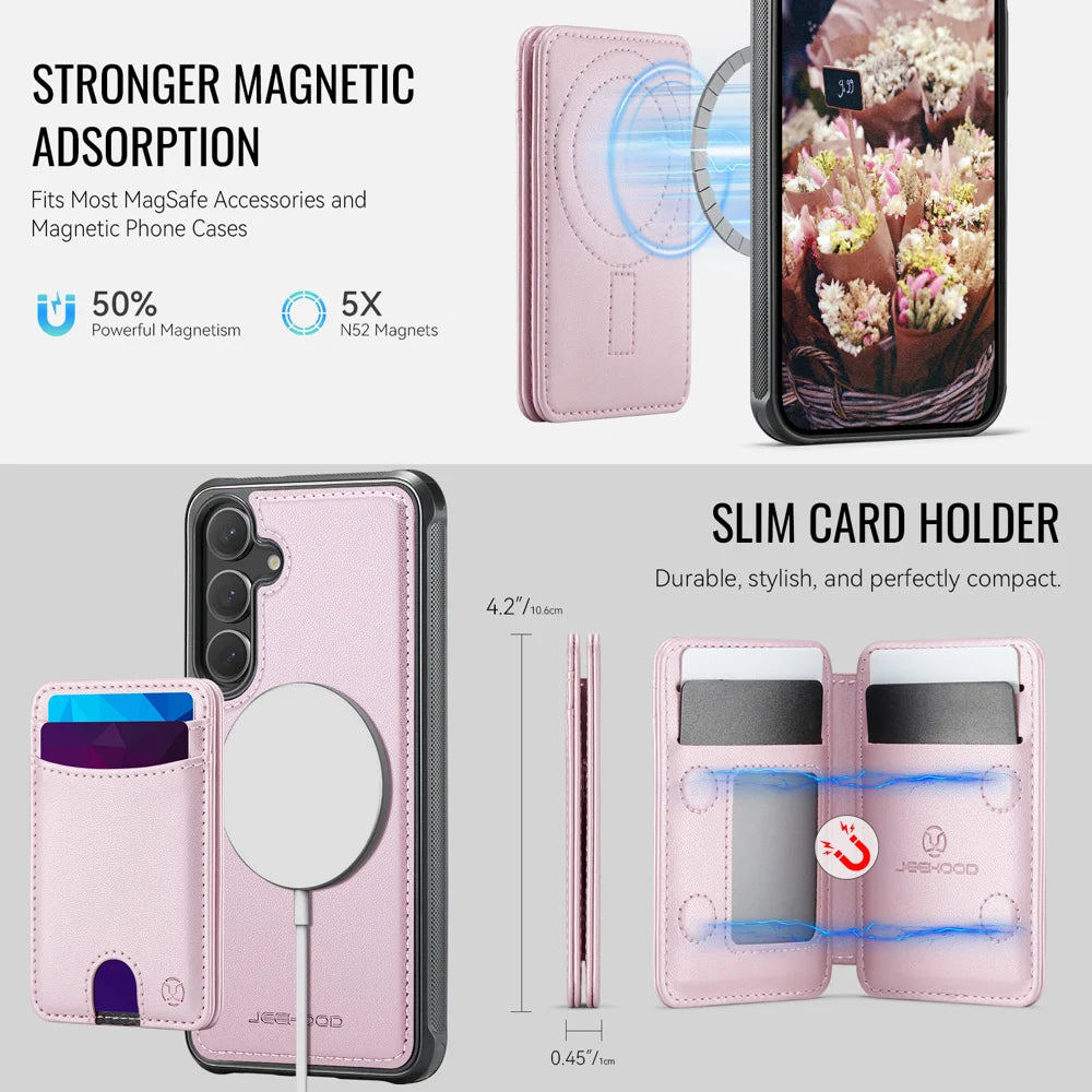 JEEHOOD For Samsung Galaxy S25+ Magnetic Case  J10 Leather Back Phone Cover with Detachable Card Holder Kickstand - Pink - 6