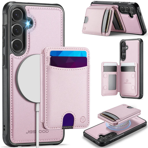 JEEHOOD For Samsung Galaxy S25 FE Magnetic Case  J10 Leather Back Phone Cover with Detachable Card Holder Kickstand - Pink - 1