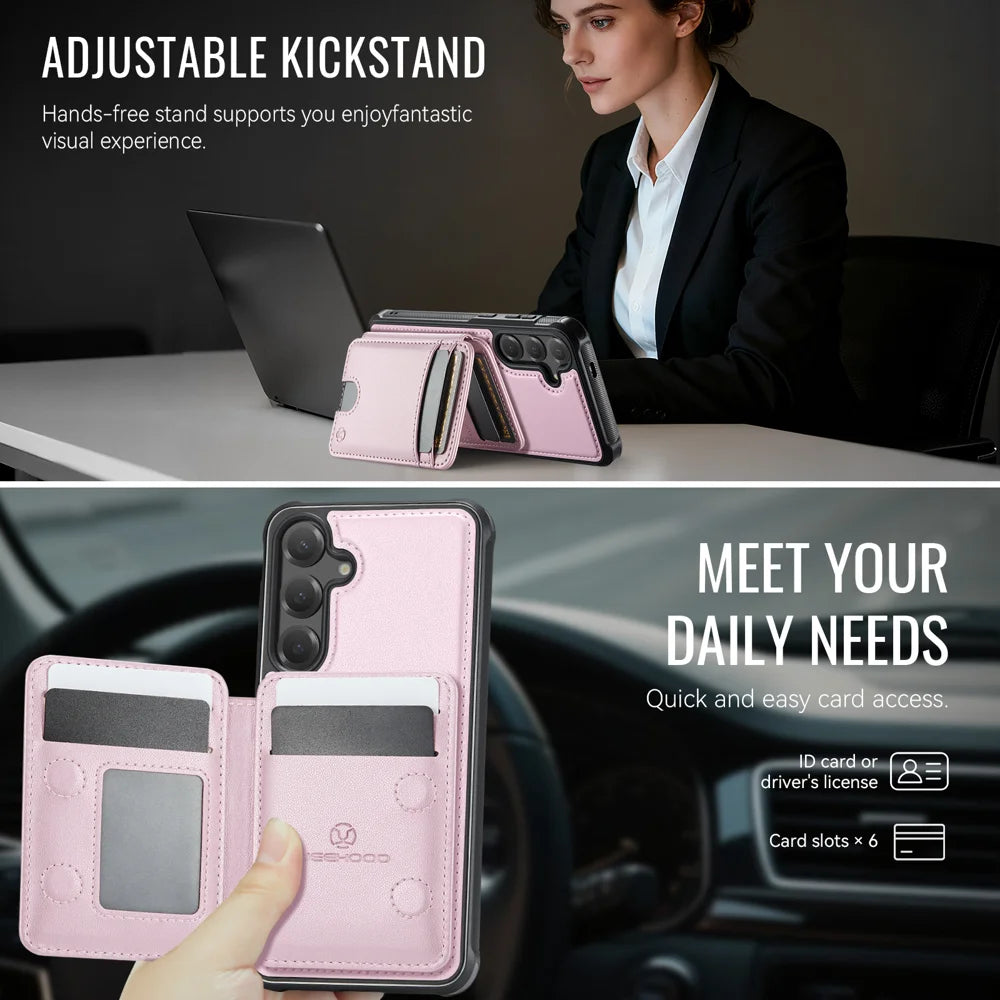 JEEHOOD For Samsung Galaxy S25 FE Magnetic Case  J10 Leather Back Phone Cover with Detachable Card Holder Kickstand - Pink - 4