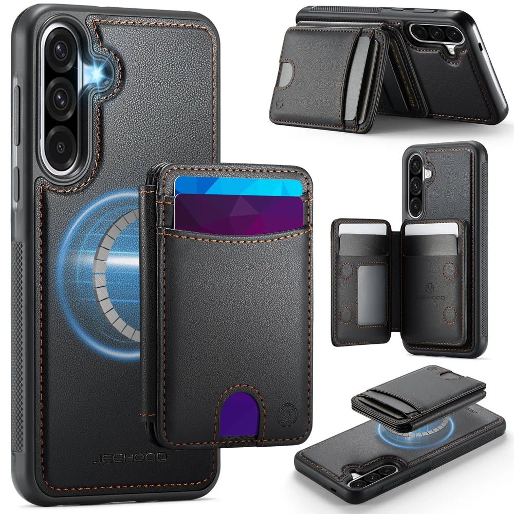 JEEHOOD For Samsung Galaxy A36 5G Magnetic Case  J10 Leather Back Phone Cover with Detachable Card Holder Kickstand - Black - 1