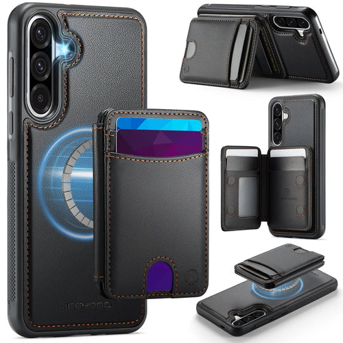JEEHOOD For Samsung Galaxy A36 5G Magnetic Case  J10 Leather Back Phone Cover with Detachable Card Holder Kickstand - Black - 1