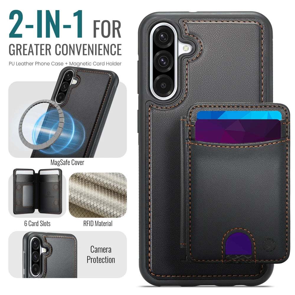 JEEHOOD For Samsung Galaxy A36 5G Magnetic Case  J10 Leather Back Phone Cover with Detachable Card Holder Kickstand - Black - 2