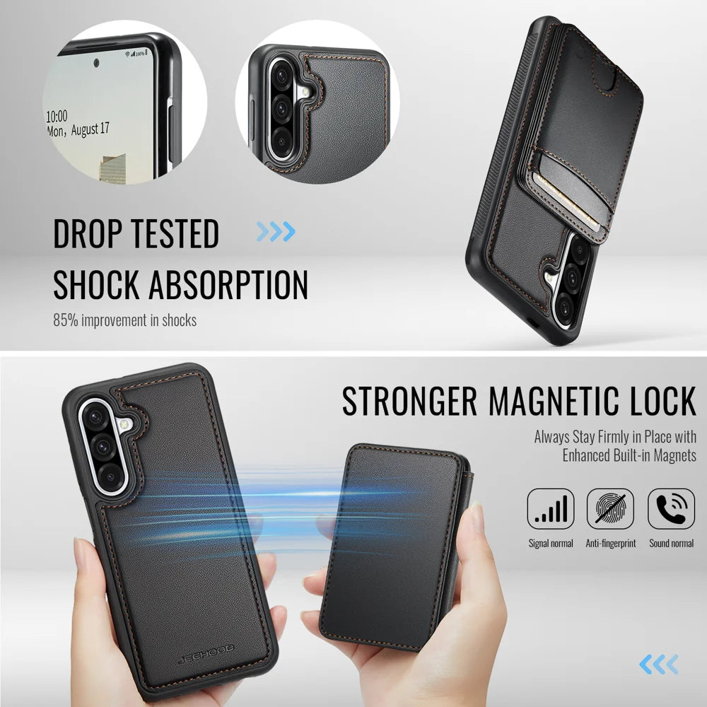 JEEHOOD For Samsung Galaxy A36 5G Magnetic Case  J10 Leather Back Phone Cover with Detachable Card Holder Kickstand - Black - 3