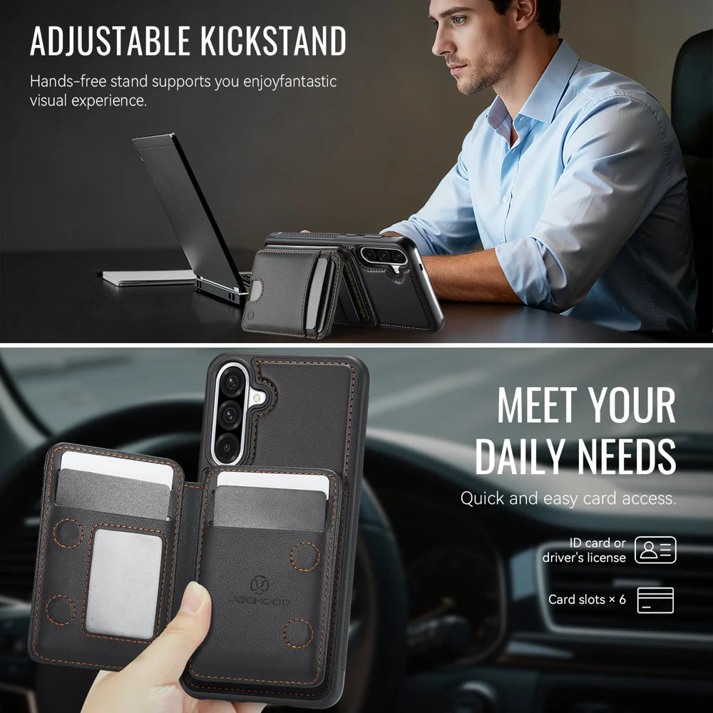 JEEHOOD For Samsung Galaxy A36 5G Magnetic Case  J10 Leather Back Phone Cover with Detachable Card Holder Kickstand - Black - 4