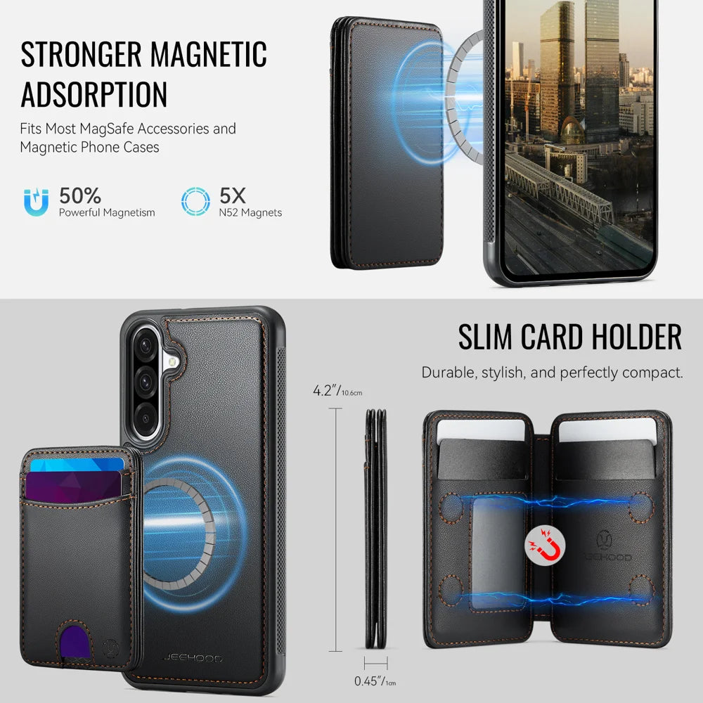 JEEHOOD For Samsung Galaxy A36 5G Magnetic Case  J10 Leather Back Phone Cover with Detachable Card Holder Kickstand - Black - 6