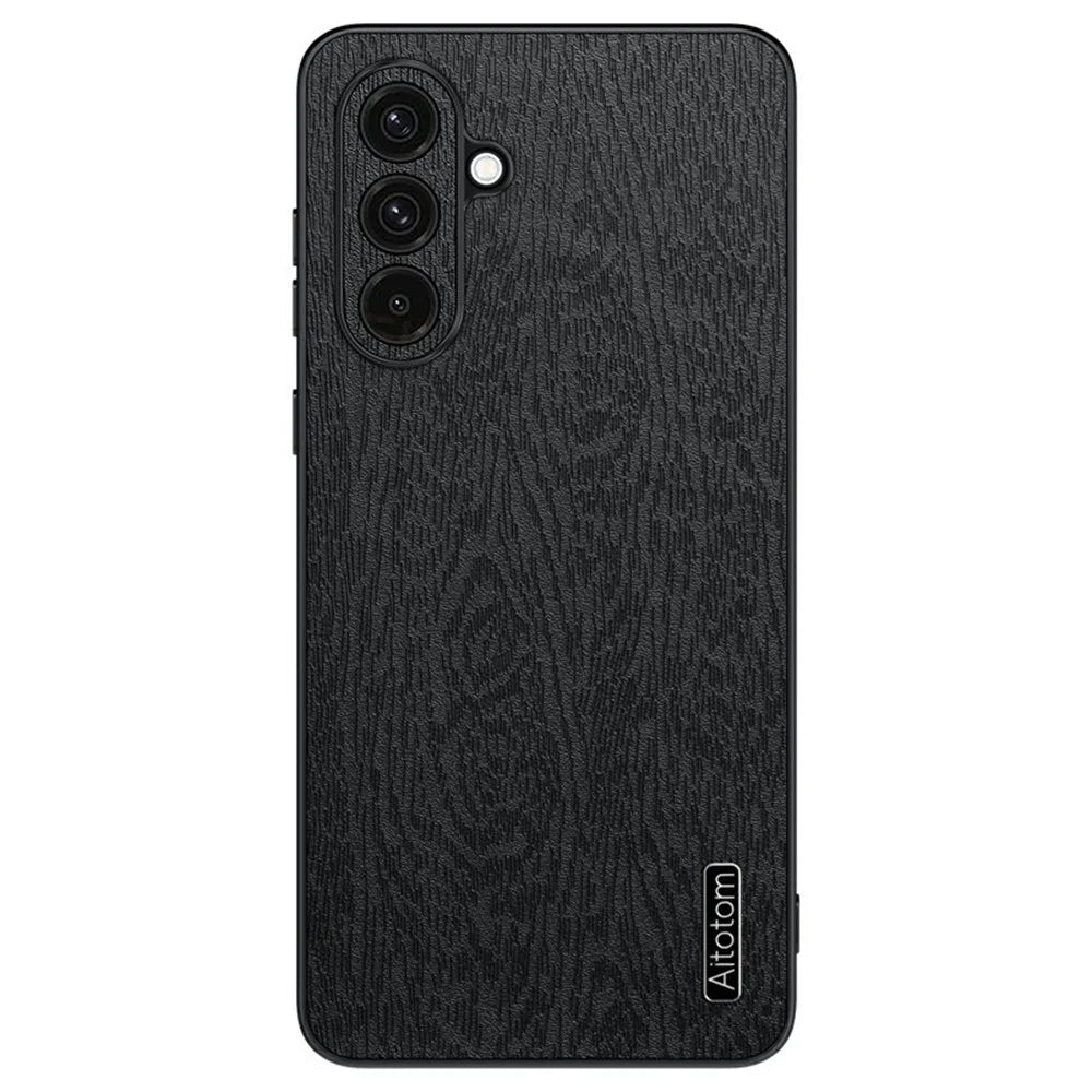 For Samsung Galaxy A37 5G Case Wood Texture PU Leather Coated PC TPU Phone Cover - Black - 1