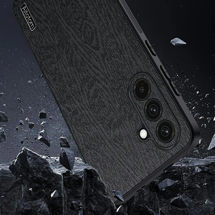 For Samsung Galaxy A37 5G Case Wood Texture PU Leather Coated PC TPU Phone Cover - Black - 5