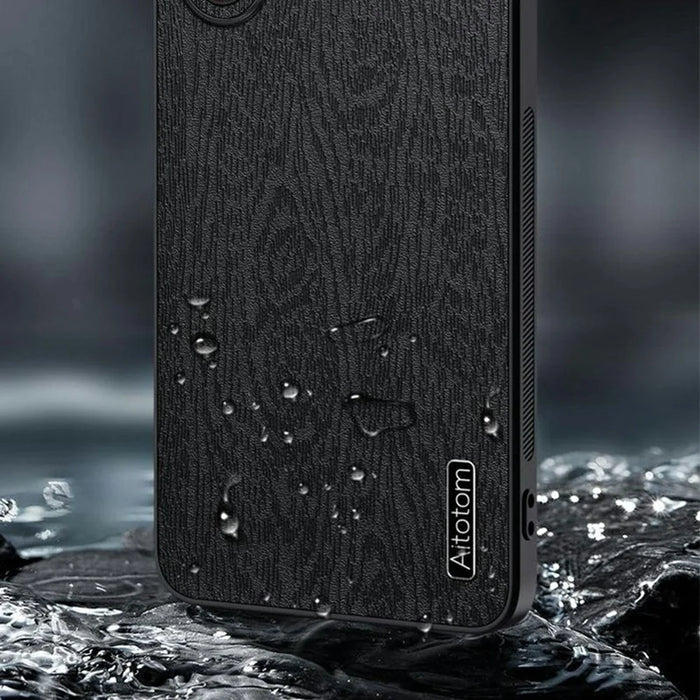 For Samsung Galaxy A37 5G Case Wood Texture PU Leather Coated PC TPU Phone Cover - Black - 6