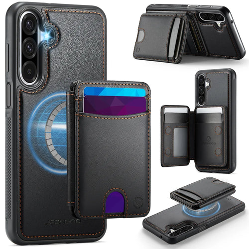 JEEHOOD For Samsung Galaxy A26 5G Magnetic Case  J10 Leather Back Phone Cover with Detachable Card Holder Kickstand - Black - 1
