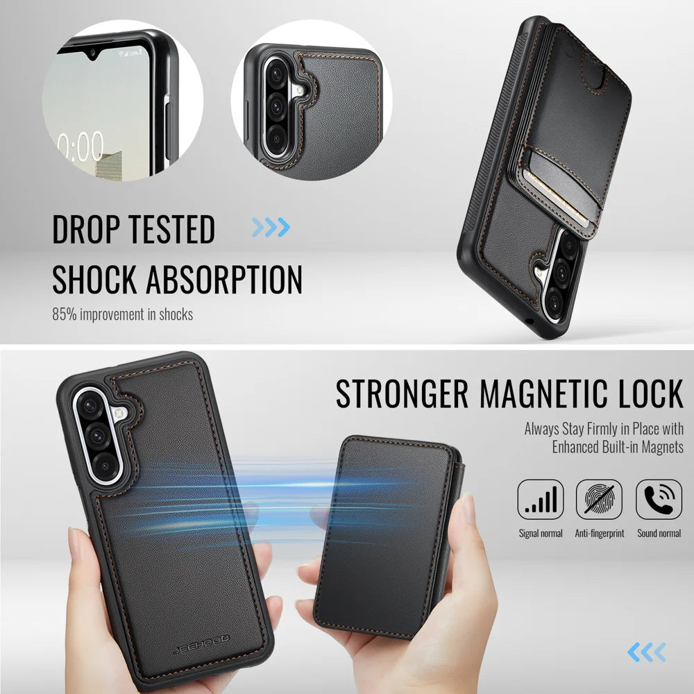 JEEHOOD For Samsung Galaxy A26 5G Magnetic Case  J10 Leather Back Phone Cover with Detachable Card Holder Kickstand - Black - 3