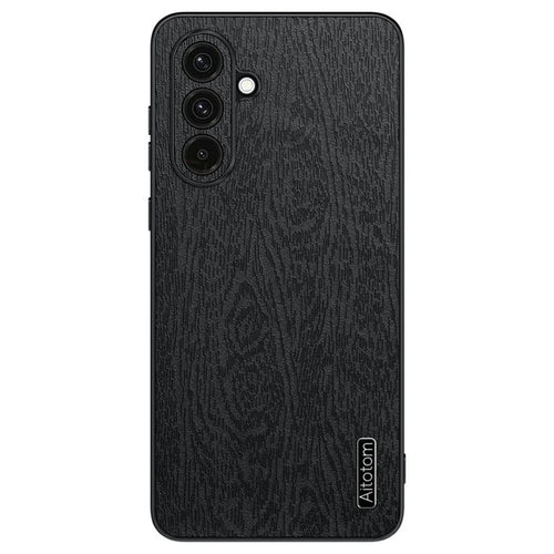 For Samsung Galaxy A57 5G Case Wood Texture PU Leather Coated PC TPU Phone Cover - Black - 1