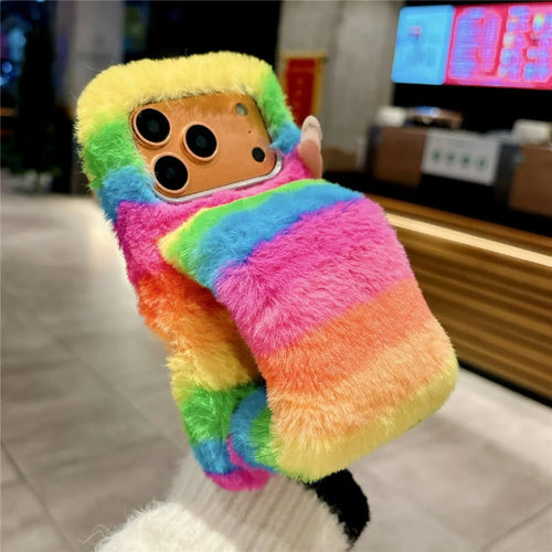 For iPhone 17 Pro Max Rainbow Fluffy Phone Case Winter Warm Hand Strap TPU Cover - Rainbow - 1