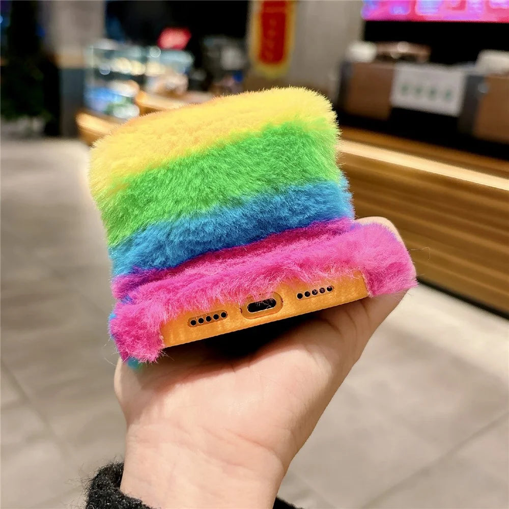 For iPhone 17 Pro Max Rainbow Fluffy Phone Case Winter Warm Hand Strap TPU Cover - Rainbow - 4