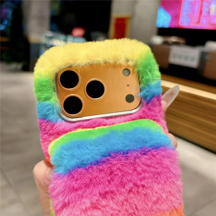 For iPhone 17 Pro Rainbow Fluffy Phone Case Winter Warm Hand Strap TPU Cover - Rainbow - 5