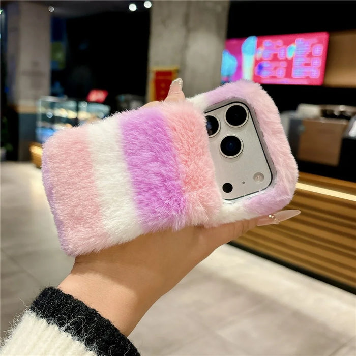 For iPhone 17 Pro Rainbow Fluffy Phone Case Winter Warm Hand Strap TPU Cover - Rainbow - 7