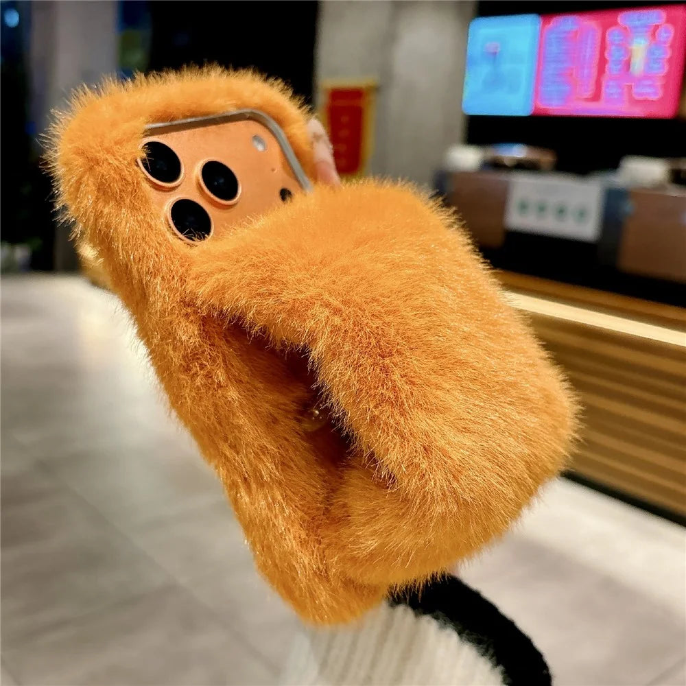 For iPhone 17 Pro Max Solid Color Fluffy Phone Case Winter Warm Hand Strap TPU Cover - Orange - 1