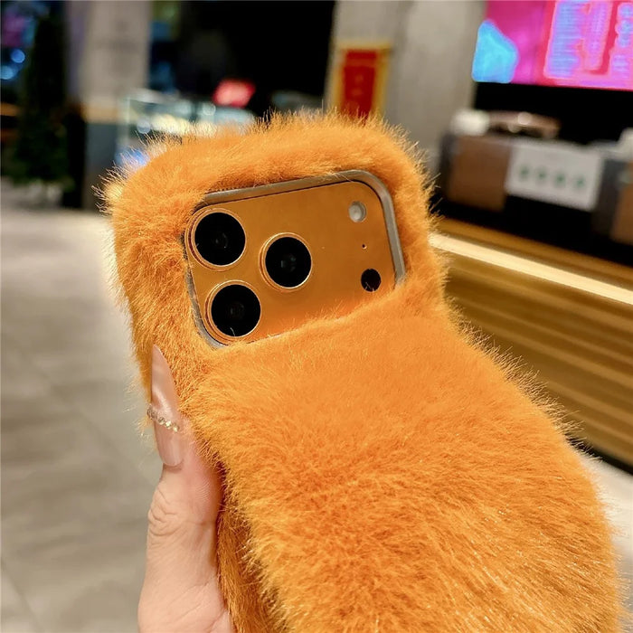 For iPhone 17 Pro Max Solid Color Fluffy Phone Case Winter Warm Hand Strap TPU Cover - Orange - 3