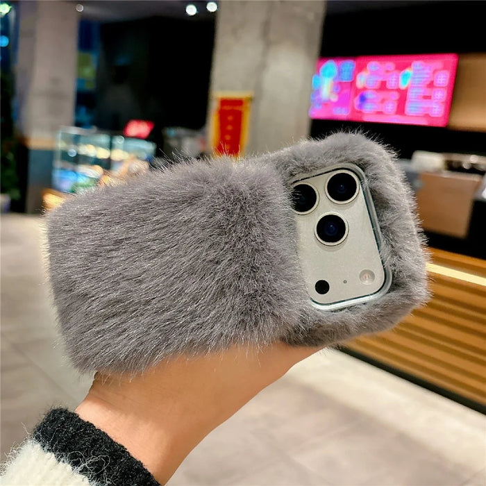 For iPhone 17 Pro Max Solid Color Fluffy Phone Case Winter Warm Hand Strap TPU Cover - Orange - 5