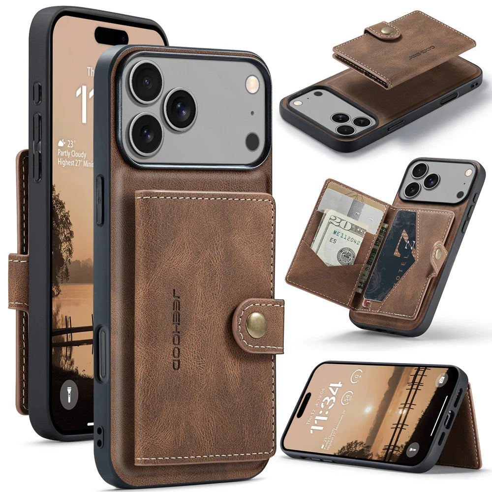JEEHOOD For iPhone 17 Pro Case  J01 Retro Leather + TPU Phone Cover Detachable Magnetic Card Holder - Brown - 1