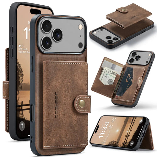 JEEHOOD For iPhone 17 Pro Case  J01 Retro Leather + TPU Phone Cover Detachable Magnetic Card Holder - Brown - 1