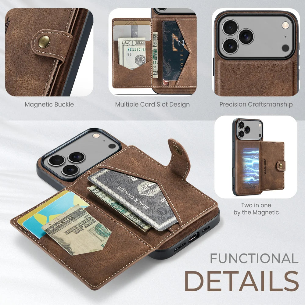 JEEHOOD For iPhone 17 Pro Case  J01 Retro Leather + TPU Phone Cover Detachable Magnetic Card Holder - Brown - 2