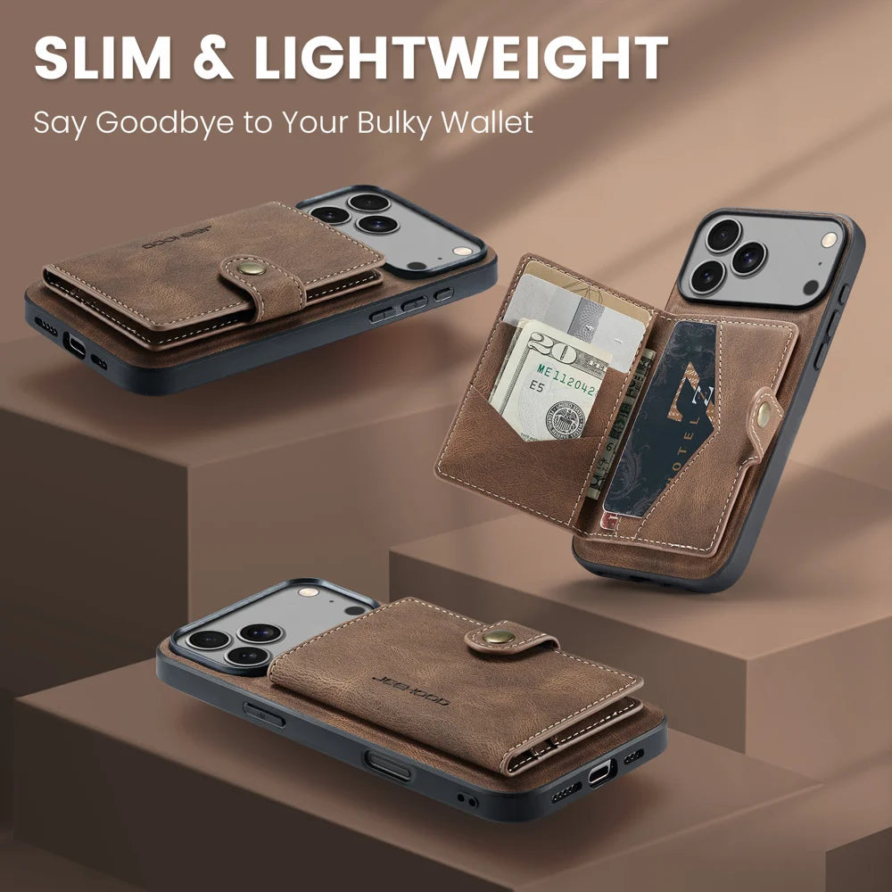 JEEHOOD For iPhone 17 Pro Case  J01 Retro Leather + TPU Phone Cover Detachable Magnetic Card Holder - Brown - 4