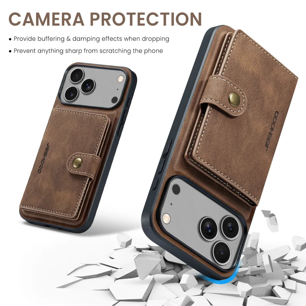 JEEHOOD For iPhone 17 Pro Case  J01 Retro Leather + TPU Phone Cover Detachable Magnetic Card Holder - Brown - 6