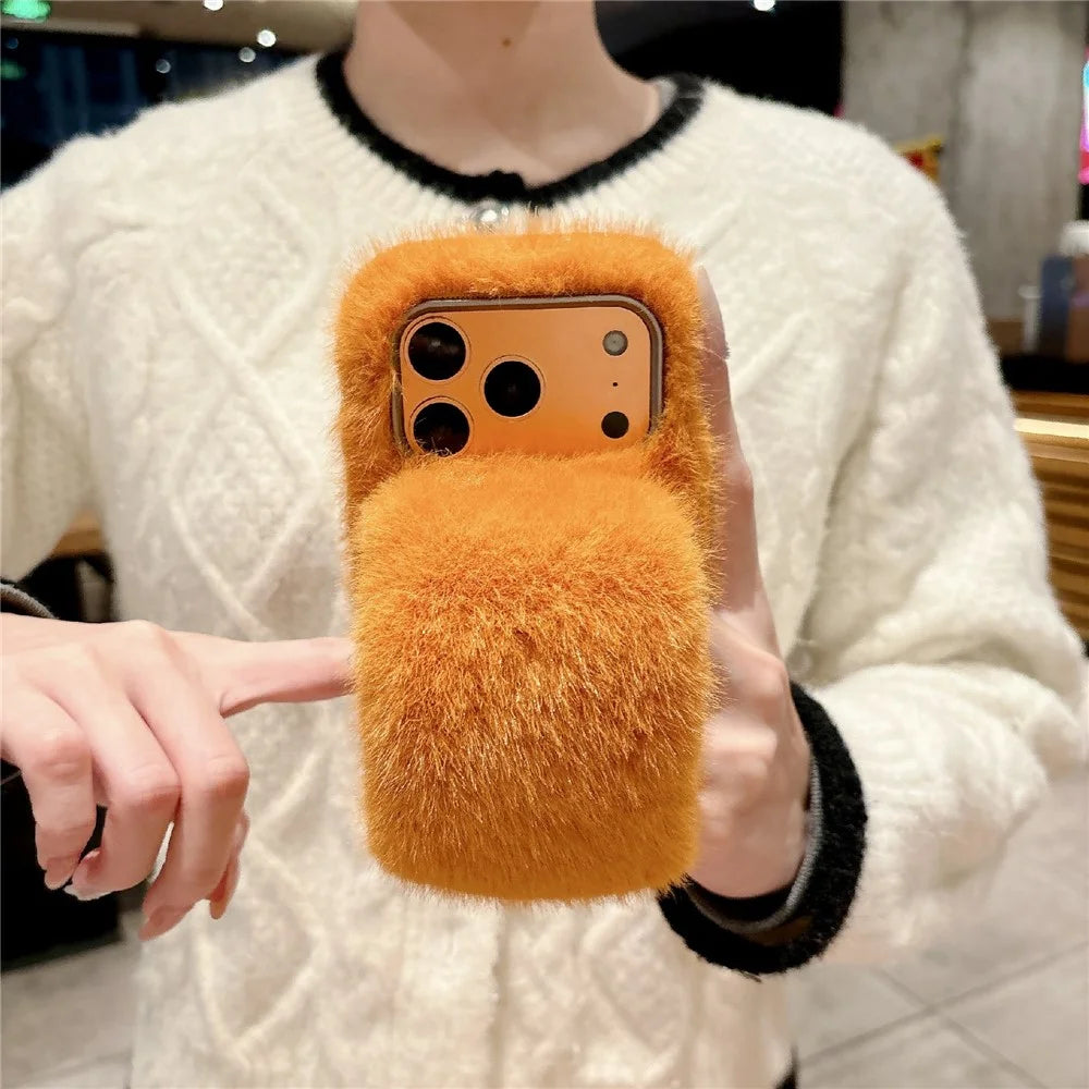 For iPhone 17 Pro Solid Color Fluffy Phone Case Winter Warm Hand Strap TPU Cover - Orange - 2
