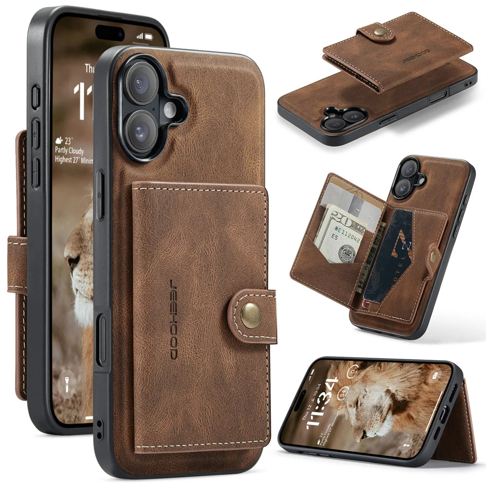 JEEHOOD For iPhone 17 Case  J01 Retro Leather + TPU Phone Cover Detachable Magnetic Card Holder - Brown - 1